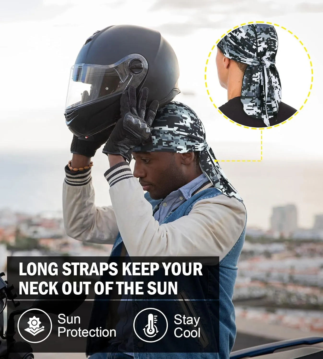 MELASA Cooling Do Rags Skull Cap Helmet Liner, Sweat Head Wraps Bandanas for Men Running Cycling Motorcycle