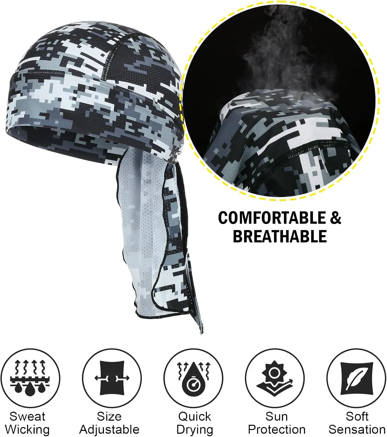 MELASA Cooling Do Rags Skull Cap Helmet Liner, Sweat Head Wraps Bandanas for Men Running Cycling Motorcycle