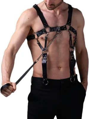 Men's Body Chest Harness Belt with Leash Chain, Adjustable Leather Punk Suspenders Body Chest Harness Bondage Strap for Men Male Gay, Party Club Cosplay Bar Nightclub Masquerade BDSM Fetish Clubwear