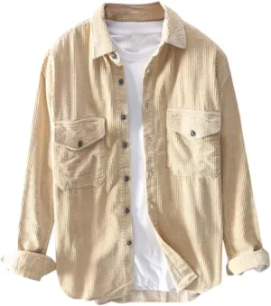 Men's Corduroy Long Sleeve Shirts Causal Button Down Collared Shirt Jackets Classic Fit Fall Winter Ribbed Sweaters