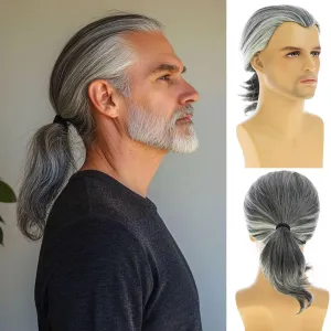 Mens Long Straight Grey Wig Synthetic Silky Halloween Cosplay Hair Wig