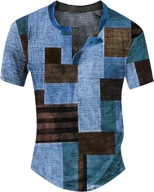 Mens Short Sleeve Henley Shirts Distressed Vintage Color Block Waffle Plaid T-Shirt Slim Fit Golf Polo Shirts for Men