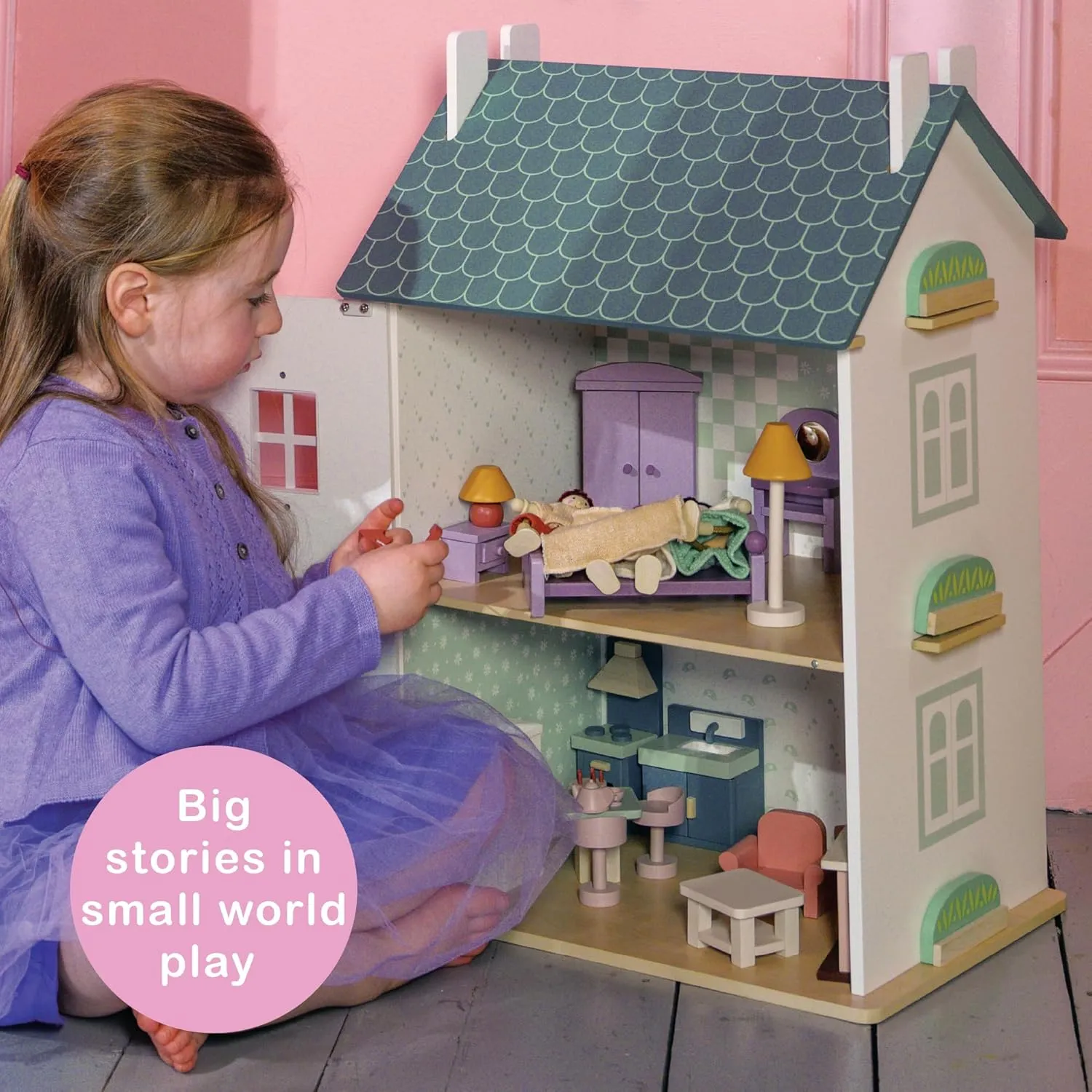 Mentari Toys - Kitchen - Wooden Dollhouse Furniture Set for Dollhouse Kitchen - Furniture Incl Cooker Oven, Fridge, Sink, Table and Other Accessories - Age 3 