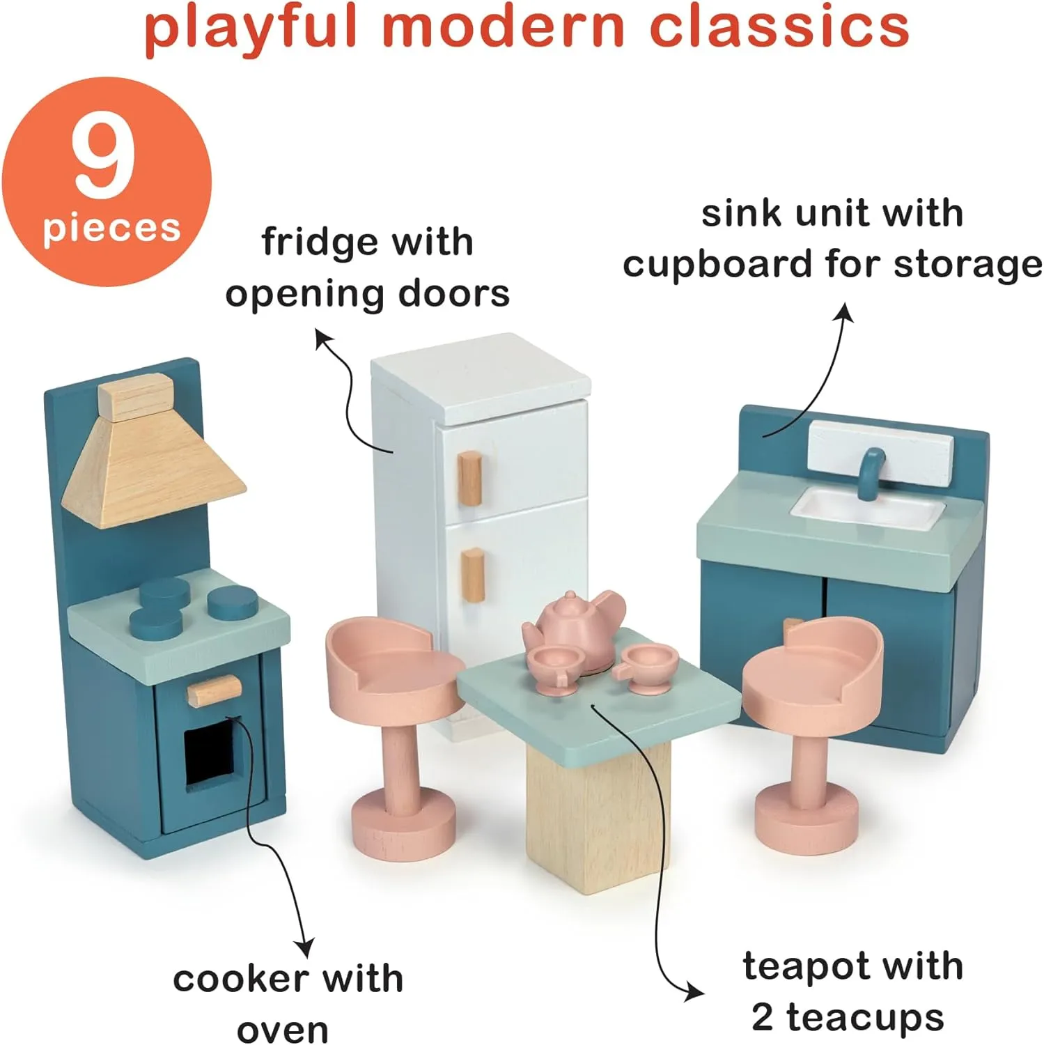 Mentari Toys - Kitchen - Wooden Dollhouse Furniture Set for Dollhouse Kitchen - Furniture Incl Cooker Oven, Fridge, Sink, Table and Other Accessories - Age 3 