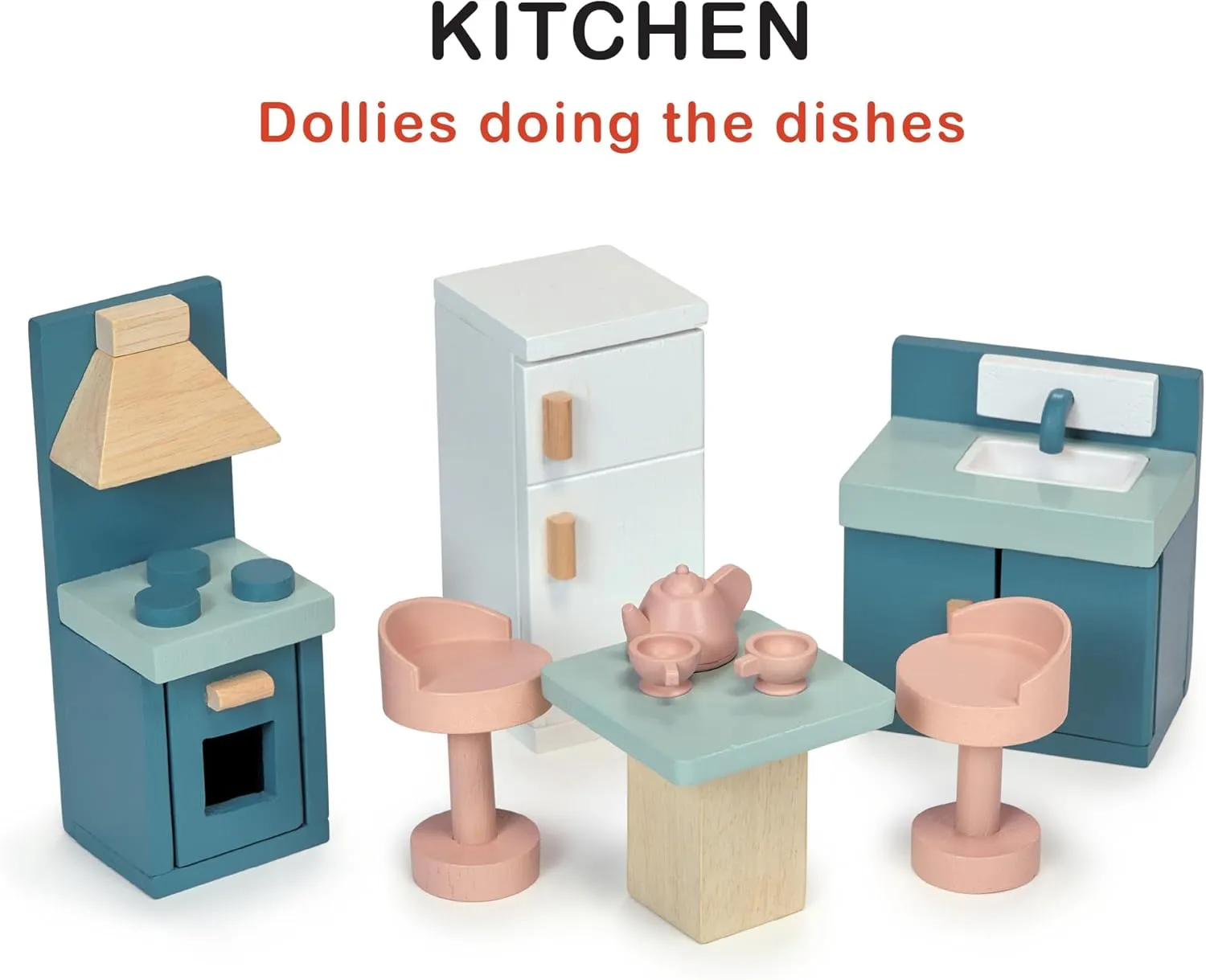 Mentari Toys - Kitchen - Wooden Dollhouse Furniture Set for Dollhouse Kitchen - Furniture Incl Cooker Oven, Fridge, Sink, Table and Other Accessories - Age 3 