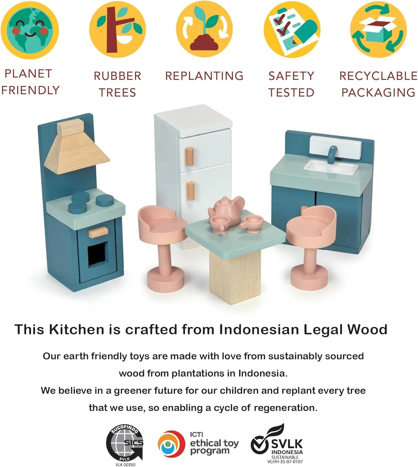 Mentari Toys - Kitchen - Wooden Dollhouse Furniture Set for Dollhouse Kitchen - Furniture Incl Cooker Oven, Fridge, Sink, Table and Other Accessories - Age 3 