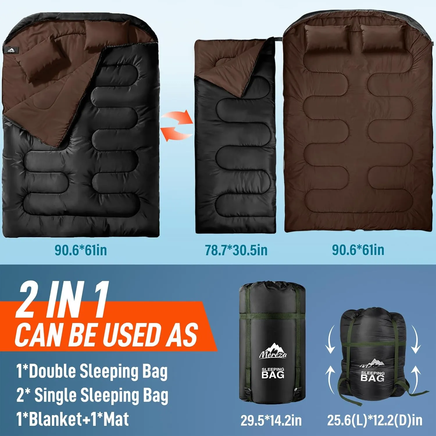 MEREZA Double Sleeping Bag for Adults Mens with Pillow, XL Queen Size Two Person Sleeping Bag for All Season Camping Hiking Backpacking 2 Person Sleeping Bags for Cold Weather & Warm