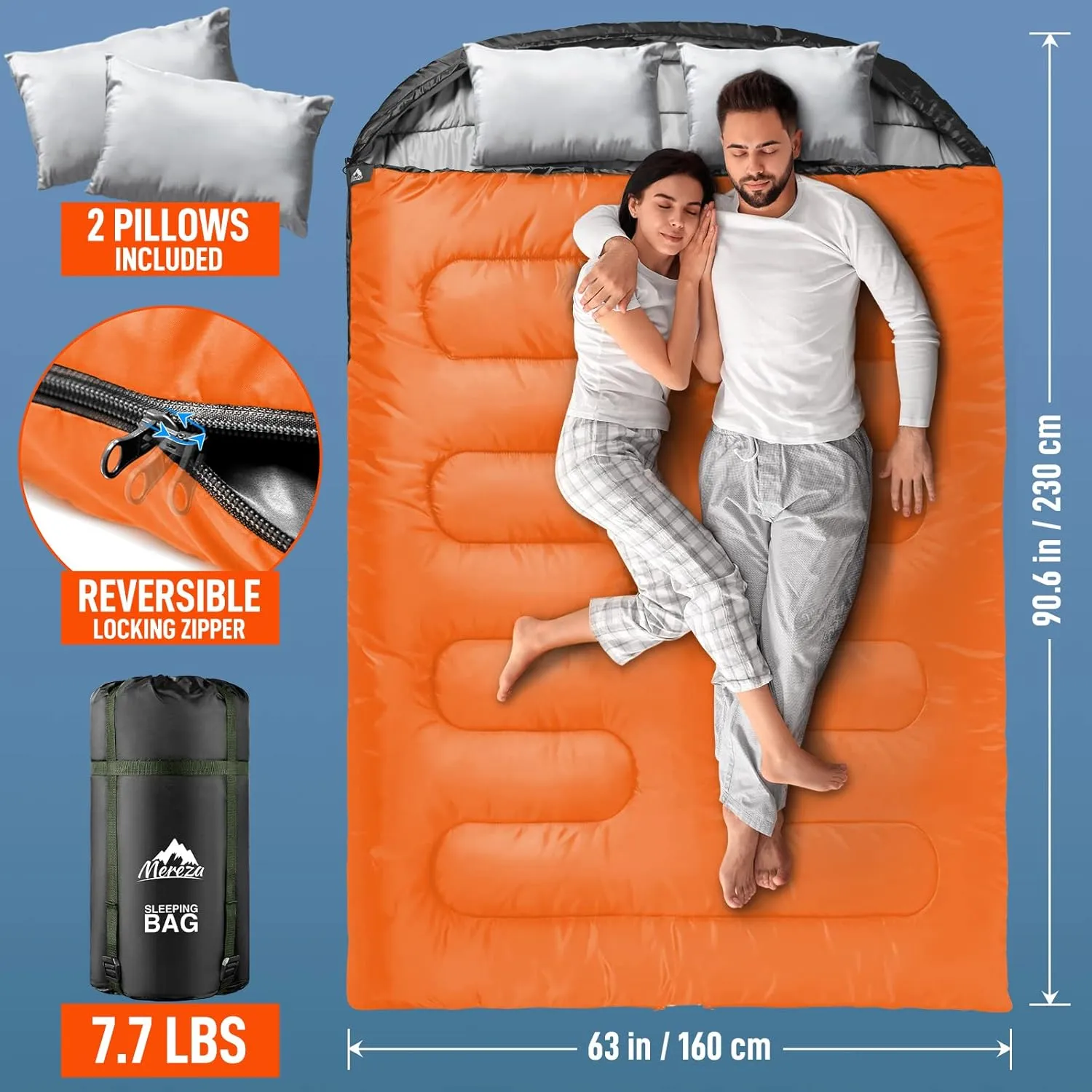 MEREZA Double Sleeping Bag for Adults Mens with Pillow, XL Queen Size Two Person Sleeping Bag for All Season Camping Hiking Backpacking 2 Person Sleeping Bags for Cold Weather & Warm