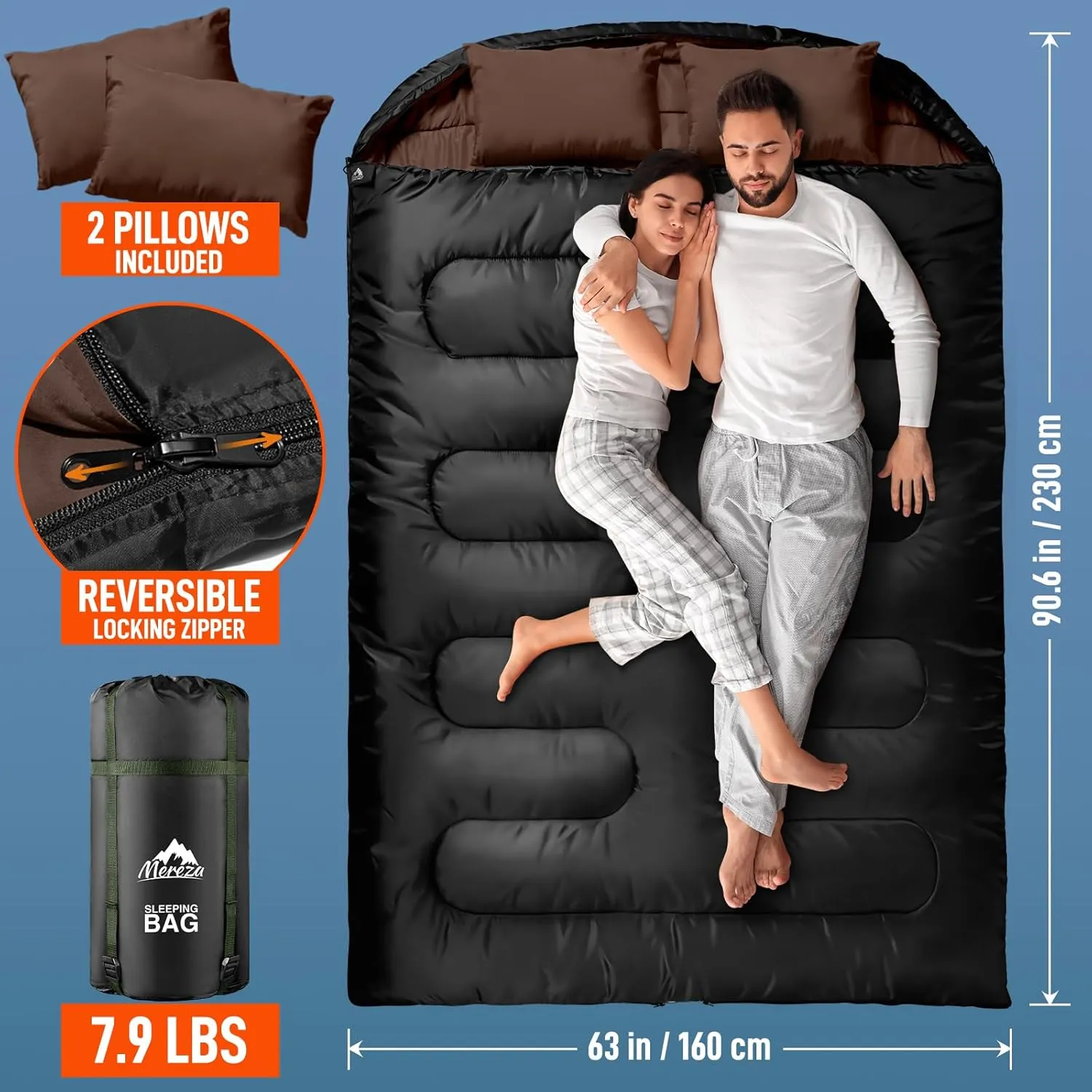 MEREZA Double Sleeping Bag for Adults Mens with Pillow, XL Queen Size Two Person Sleeping Bag for All Season Camping Hiking Backpacking 2 Person Sleeping Bags for Cold Weather & Warm