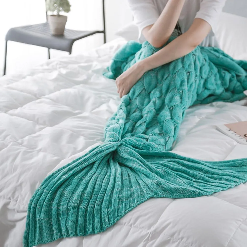 Mermaid Tail Blanket, Saplit Handmade Knitted Warm Sofa Quilt Living Room Sleeping Bag for Adults and Kids 180cm x 90cm (Mint green)