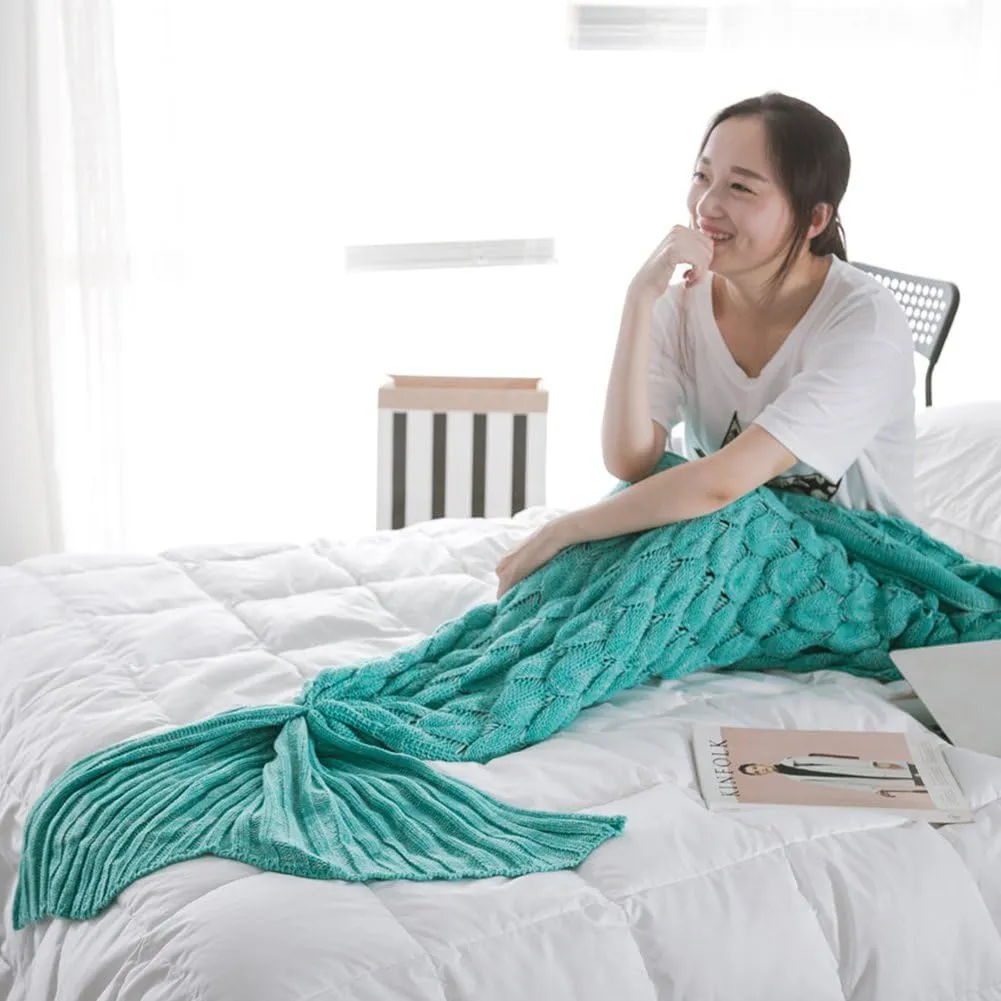 Mermaid Tail Blanket, Saplit Handmade Knitted Warm Sofa Quilt Living Room Sleeping Bag for Adults and Kids 180cm x 90cm (Mint green)