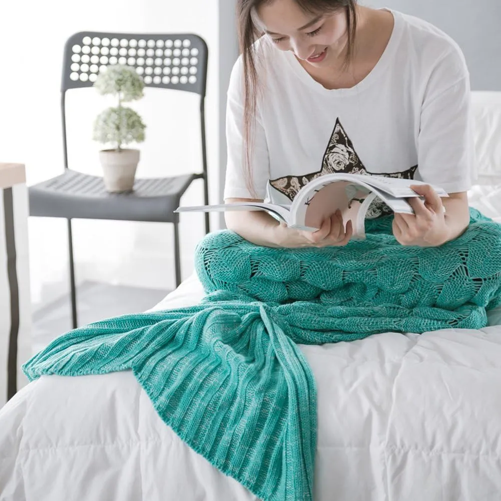 Mermaid Tail Blanket, Saplit Handmade Knitted Warm Sofa Quilt Living Room Sleeping Bag for Adults and Kids 180cm x 90cm (Mint green)