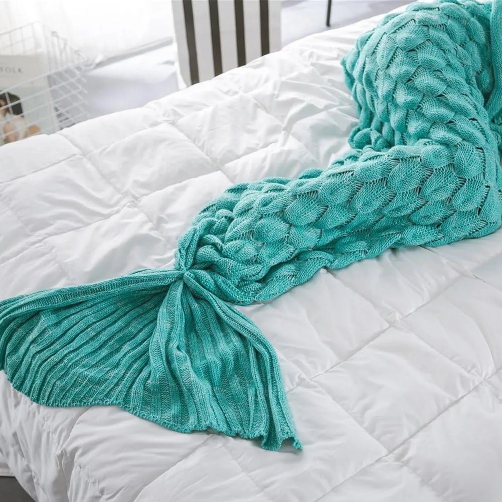 Mermaid Tail Blanket, Saplit Handmade Knitted Warm Sofa Quilt Living Room Sleeping Bag for Adults and Kids 180cm x 90cm (Mint green)