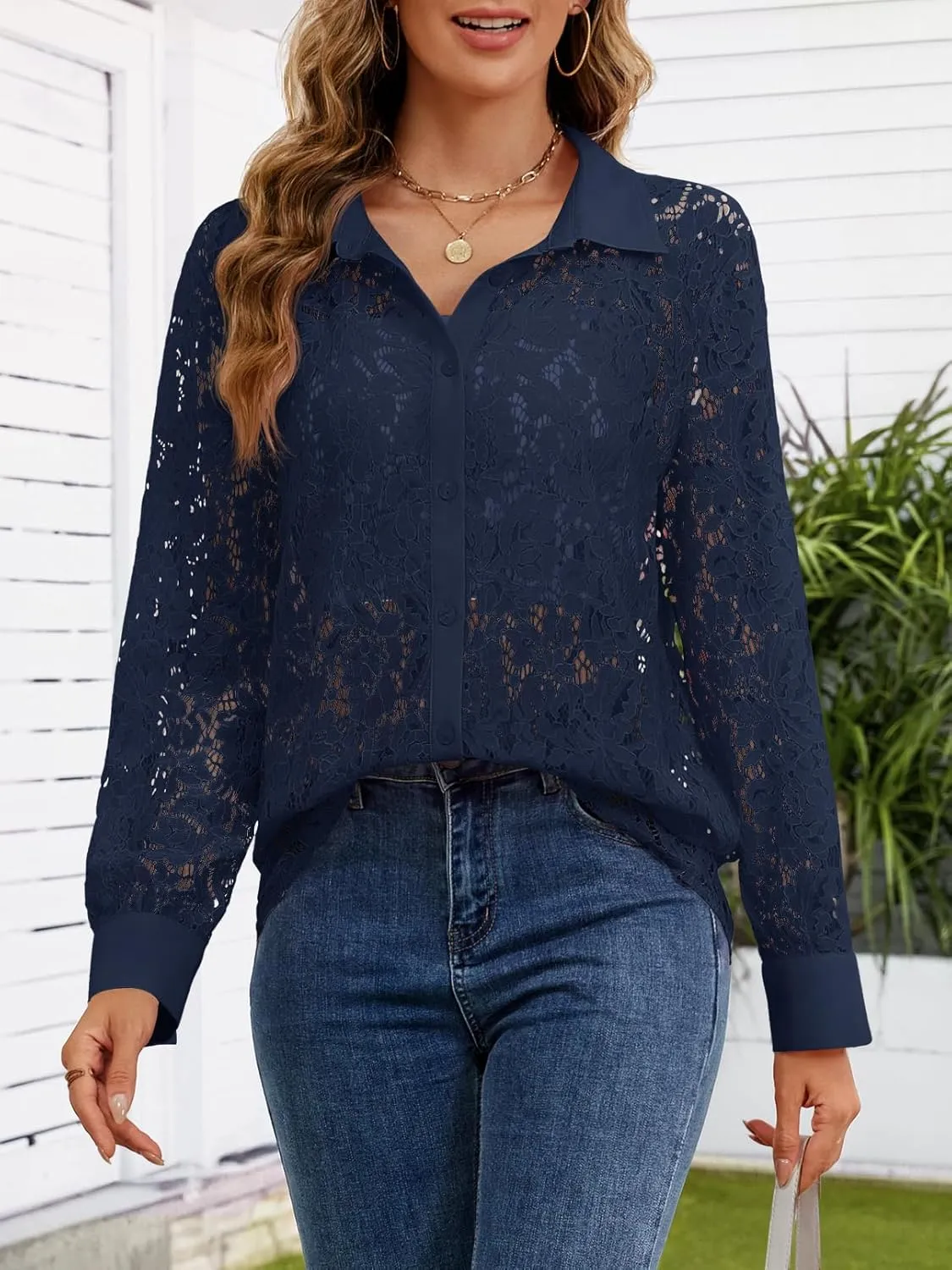 MEROKEETY Women's Lace Long Sleeve Tops Dressy Casual Blouse Button Down Sheer Elegant Summer Shirts