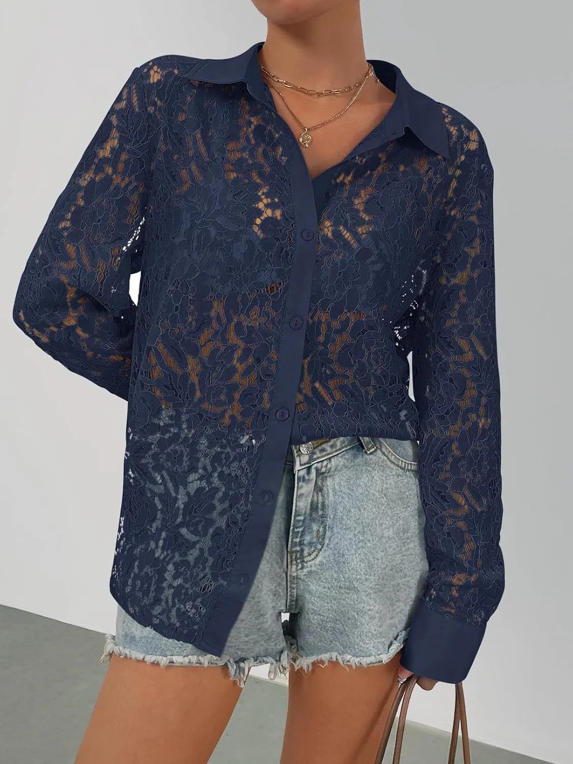 MEROKEETY Women's Lace Long Sleeve Tops Dressy Casual Blouse Button Down Sheer Elegant Summer Shirts