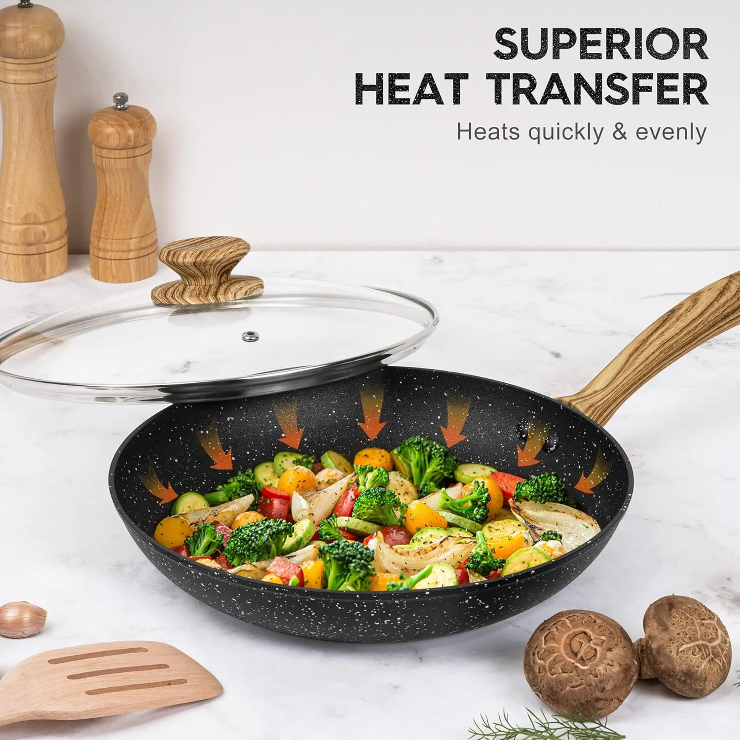 MICHELANGELO Nonstick Frying Pan with Lid, 10 Inch Frying Pan with Honeycomb Coating, Non Stick Skillet with Lid, Healthy & Non-Toxic Granite Fry Pan, Induction Compatible