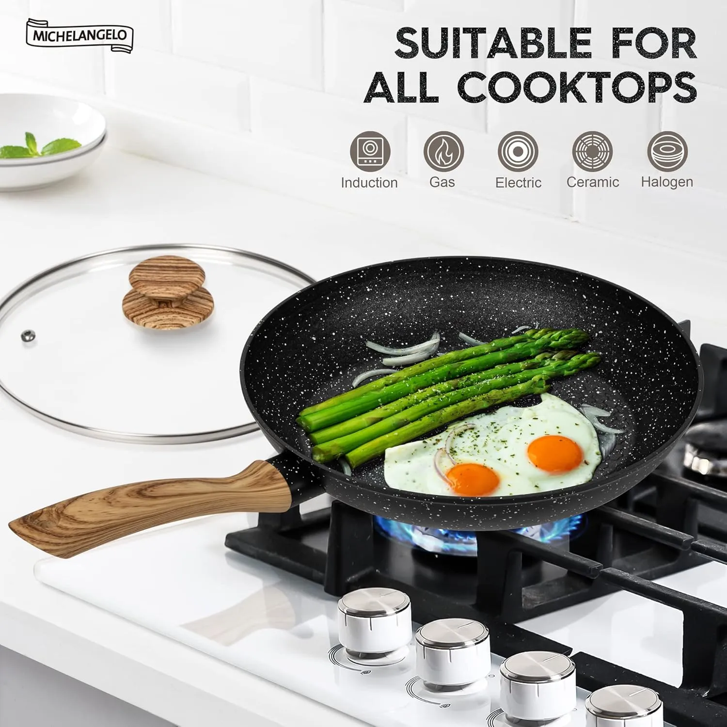 MICHELANGELO Nonstick Frying Pan with Lid, 10 Inch Frying Pan with Honeycomb Coating, Non Stick Skillet with Lid, Healthy & Non-Toxic Granite Fry Pan, Induction Compatible