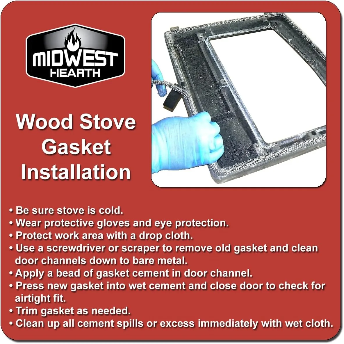 Midwest Hearth Wood Stove Replacement Gasket Kit for Woodburning Stoves - Graphite Impregnated Fiberglass Gaskets and Adhesive (7/8" x 84" Rope)