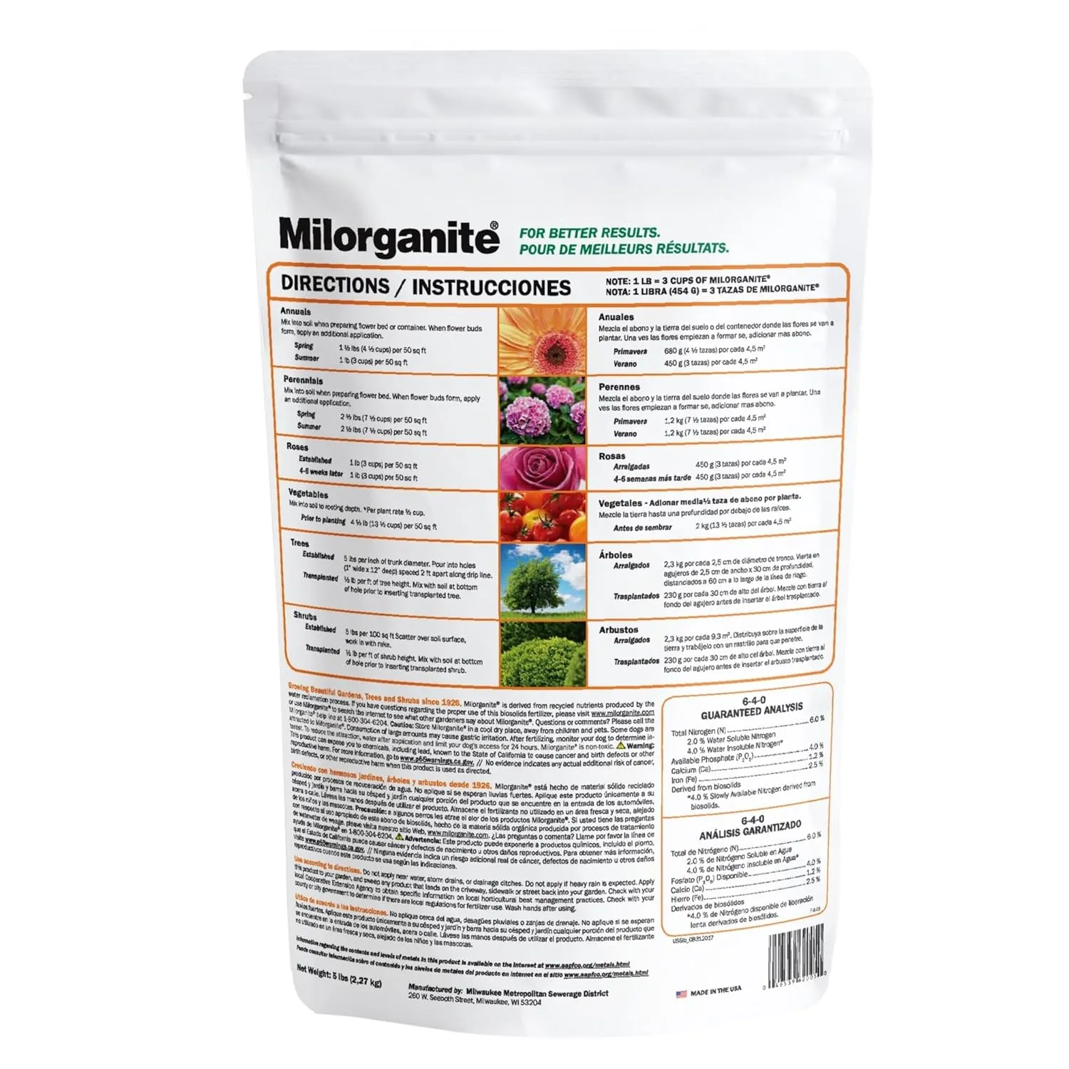Milorganite All-Purpose Eco-Friendly Slow-Release Nitrogen 6-4-0 Fertilizer, 5 Pound Bag - for Lawns, Flowers and Gardens