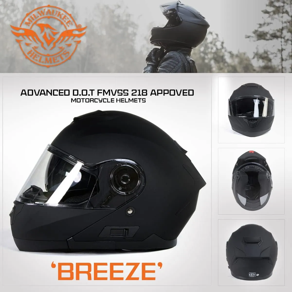 Milwaukee Helmets Breeze Flat Black Advanced Motorcycle Modular Helmet w/Drop Down Visor DOT Approved MPH9814DOT - Medium