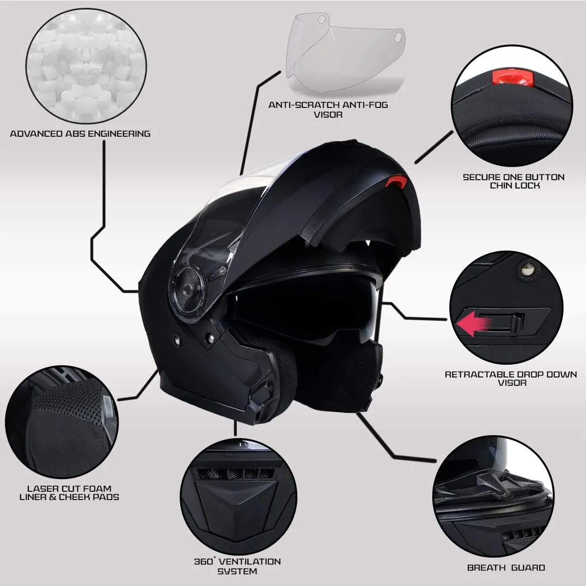 Milwaukee Helmets Breeze Flat Black Advanced Motorcycle Modular Helmet w/Drop Down Visor DOT Approved MPH9814DOT - Medium