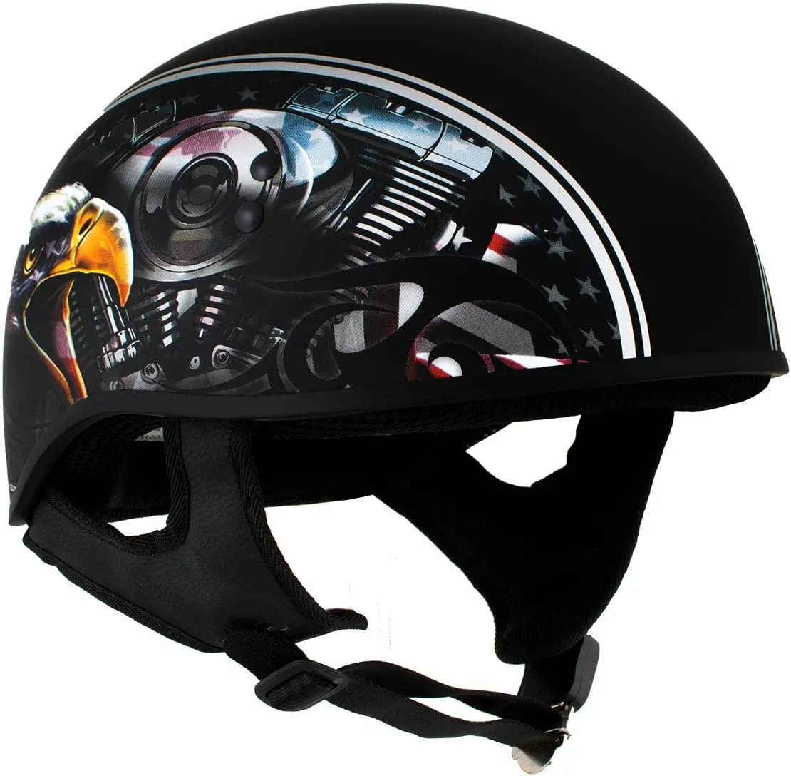 Milwaukee Leather Hot Leathers HLD1023 'V-Twin Eagle' Flat Black Motorcycle DOT Skull Cap Half Helmet for Men and Women Biker - Large