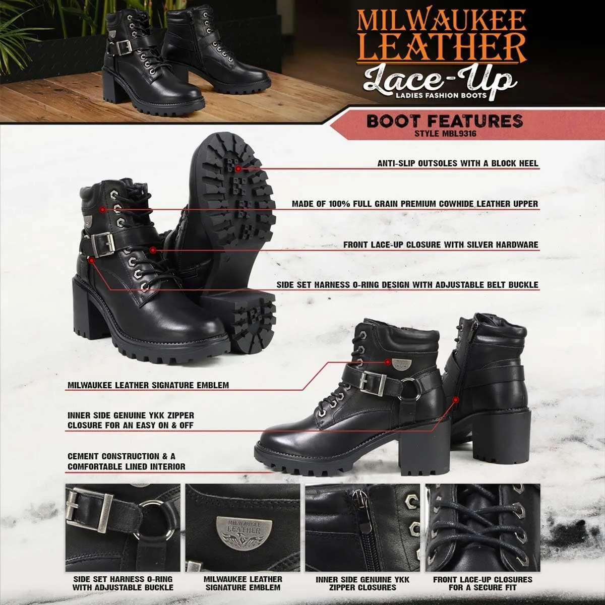 Milwaukee Leather MBL9316 Women's Black Leather Lace-Up Motorcycle Biker Riding Boot with Harness Ring - 6