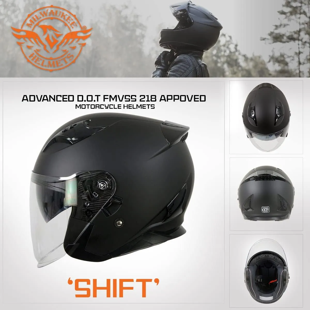 Milwaukee Performance Helmets MPH9805DOT Shift Open Face 3/4 Matte Black Helmet Biker w/Drop Down Visor - X-Large