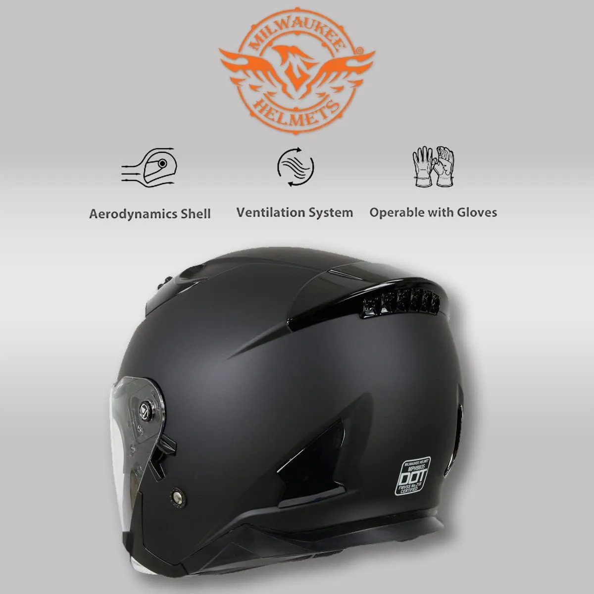 Milwaukee Performance Helmets MPH9805DOT Shift Open Face 3/4 Matte Black Helmet Biker w/Drop Down Visor - X-Large