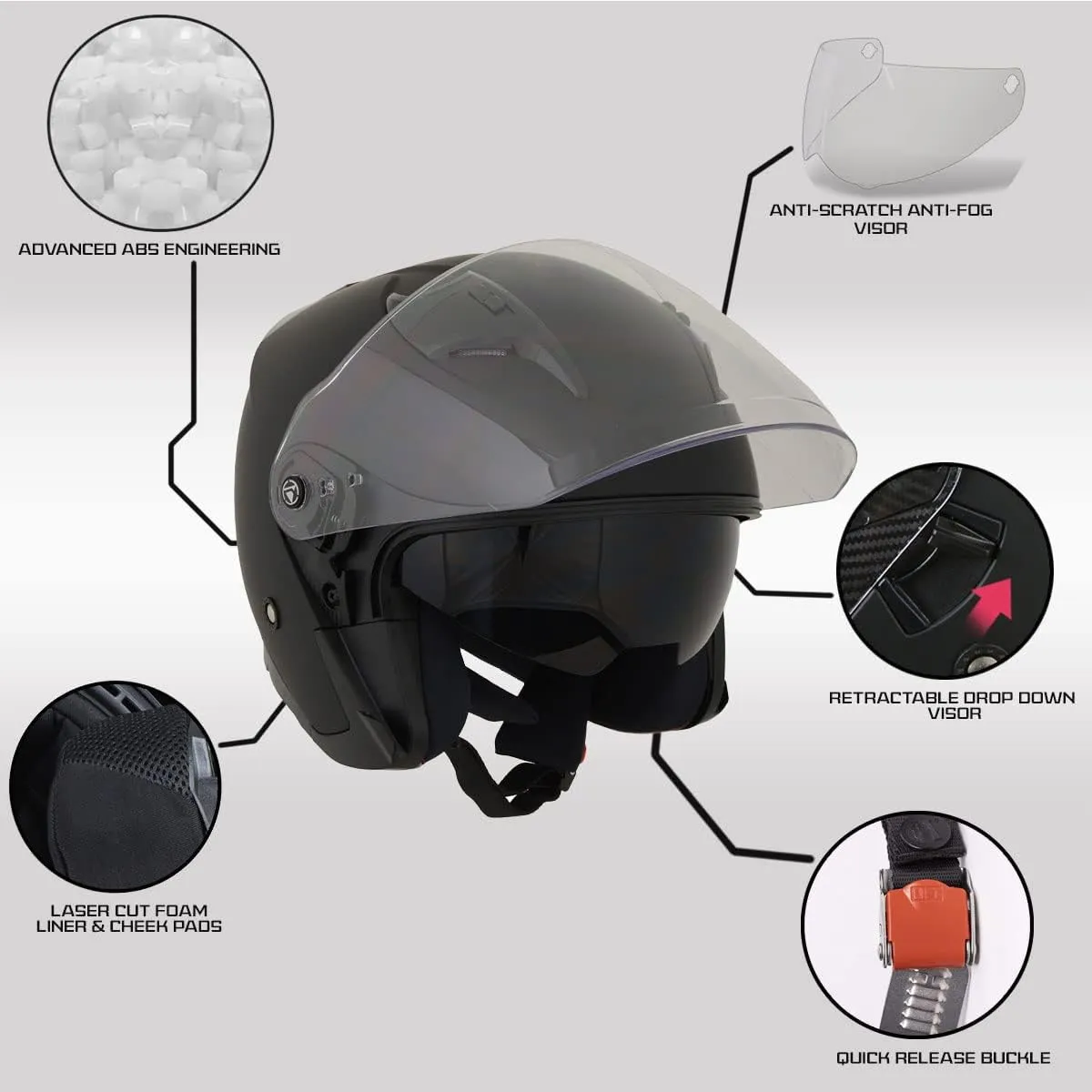 Milwaukee Performance Helmets MPH9805DOT Shift Open Face 3/4 Matte Black Helmet Biker w/Drop Down Visor - X-Large