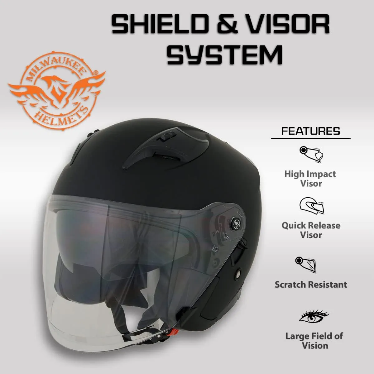 Milwaukee Performance Helmets MPH9805DOT Shift Open Face 3/4 Matte Black Helmet Biker w/Drop Down Visor - X-Large