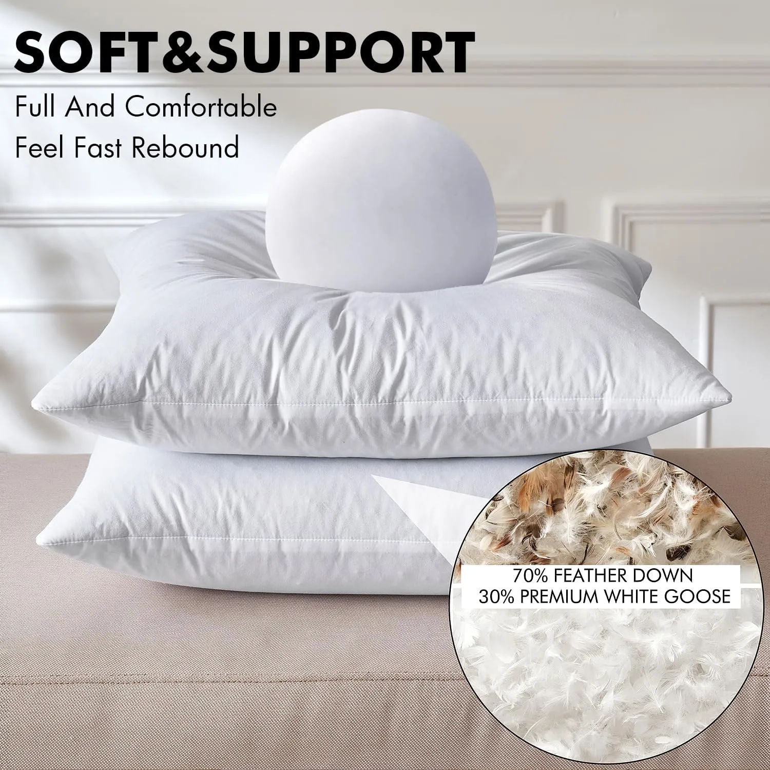 MIULEE Goose Feather Down Bed Pillows with 100% Cotton Cover, Queen Size Set of 2 Soft Fluffy Decorative Bed Sleeping Hotel Collection Pillows for Back,Side Sleepers White