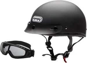 MMG Half Open Face Helmet Motorcycle Cruiser Classic DOT - Goggles Included. (Matte Black, M)