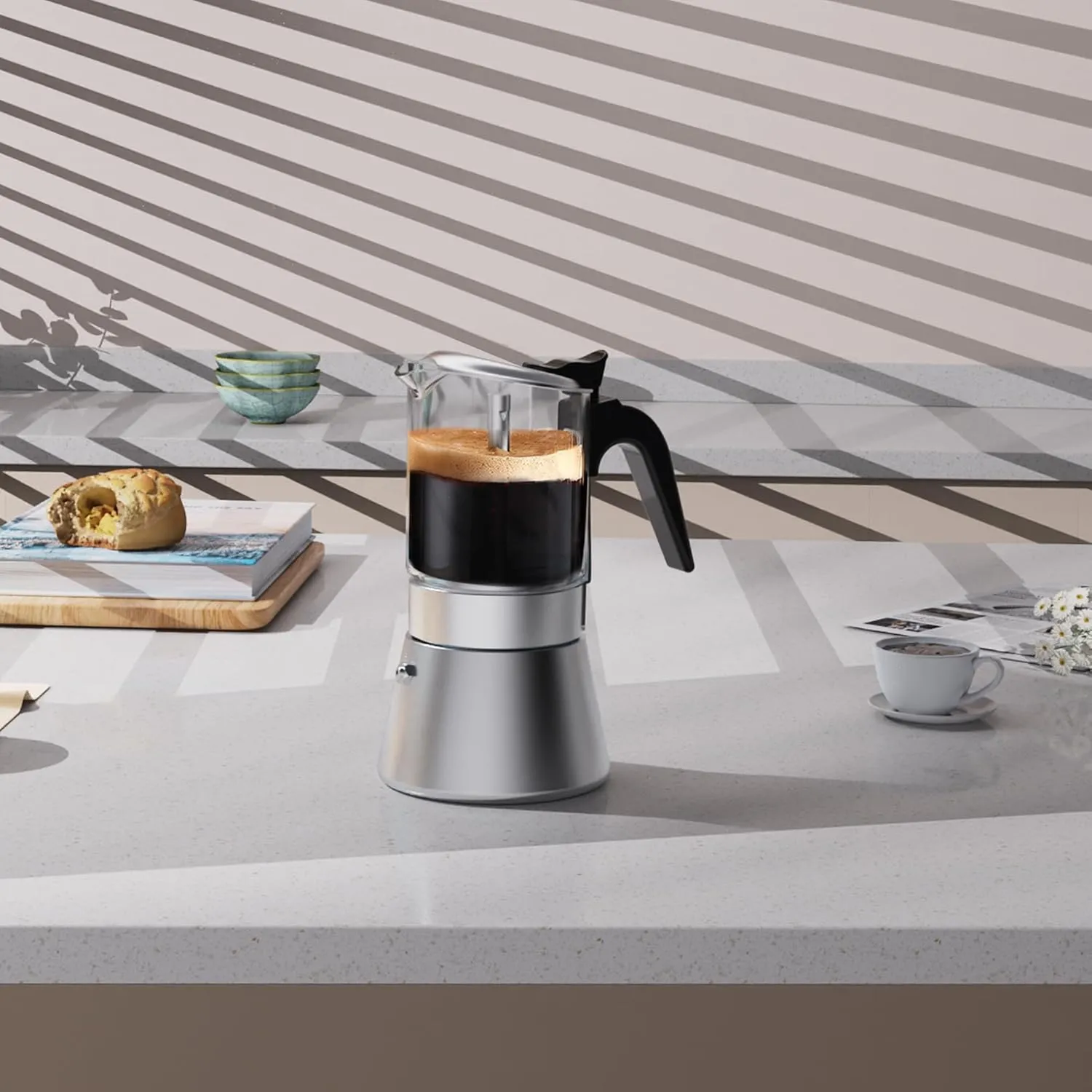 Moka Induction Stovetop Espresso Maker,Crystal Glass-top & Stainless Steel Espresso Moka Pot,Classic Italian coffee maker,240ml(6cup)