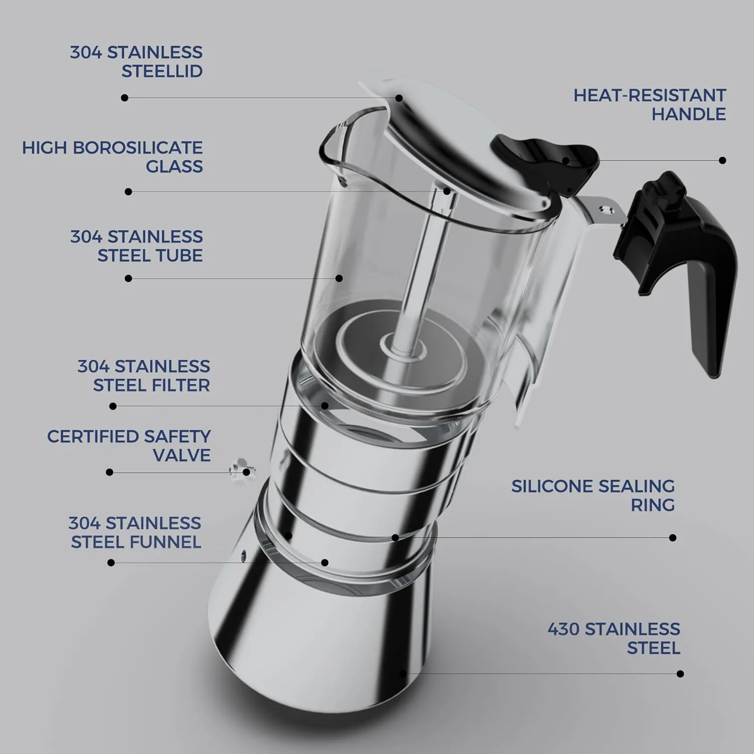 Moka Induction Stovetop Espresso Maker,Crystal Glass-top & Stainless Steel Espresso Moka Pot,Classic Italian coffee maker,240ml(6cup)