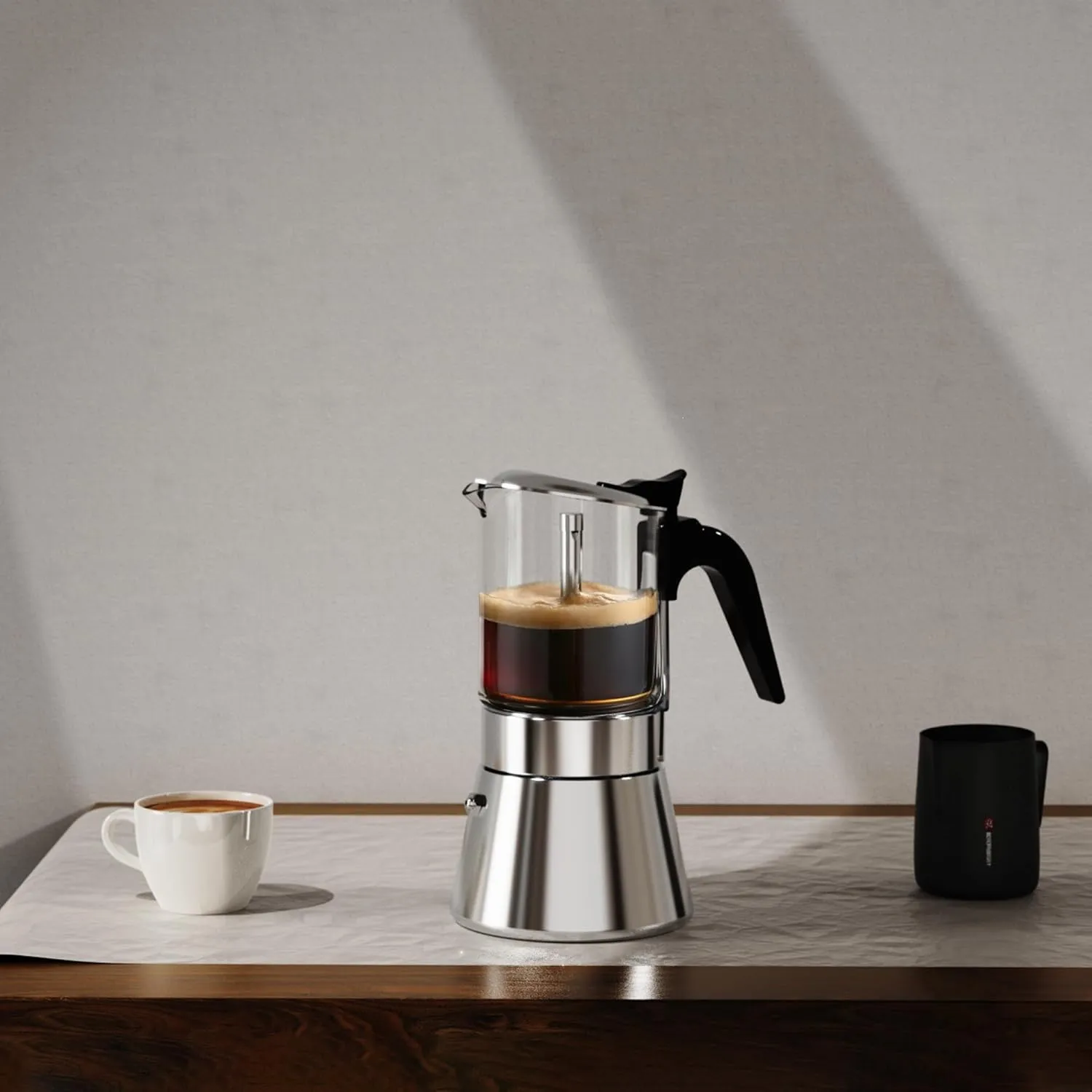 Moka Induction Stovetop Espresso Maker,Crystal Glass-top & Stainless Steel Espresso Moka Pot,Classic Italian coffee maker,240ml(6cup)
