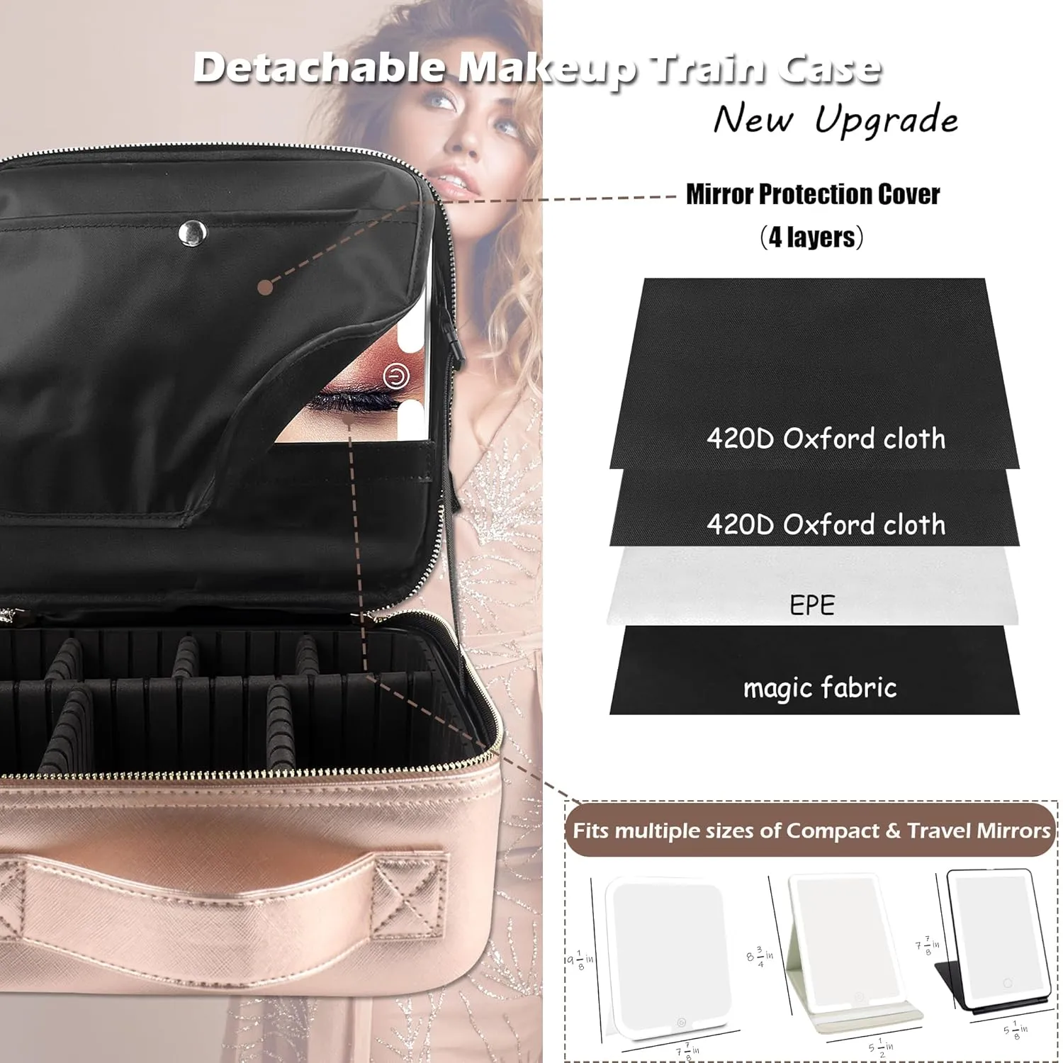 MOMIRA Travel Makeup Bag Cosmetic Bag Makeup Organizer Bag with Lighted Mirror, Adjustable Brightness in 3 Color Scenarios, Waterproof Makeup Train Case, Gift for Women - Champagne