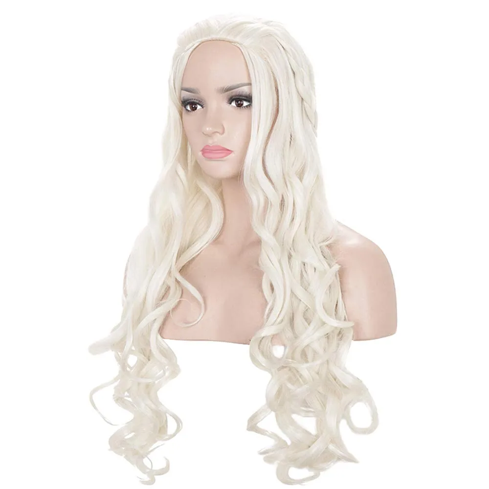 morvally Daenerys Dragon Queen Cosplay Wig for Khaleesi Long Curly Wavy Braids Hair Wigs for Women Costume Halloween Party(Light Blonde)