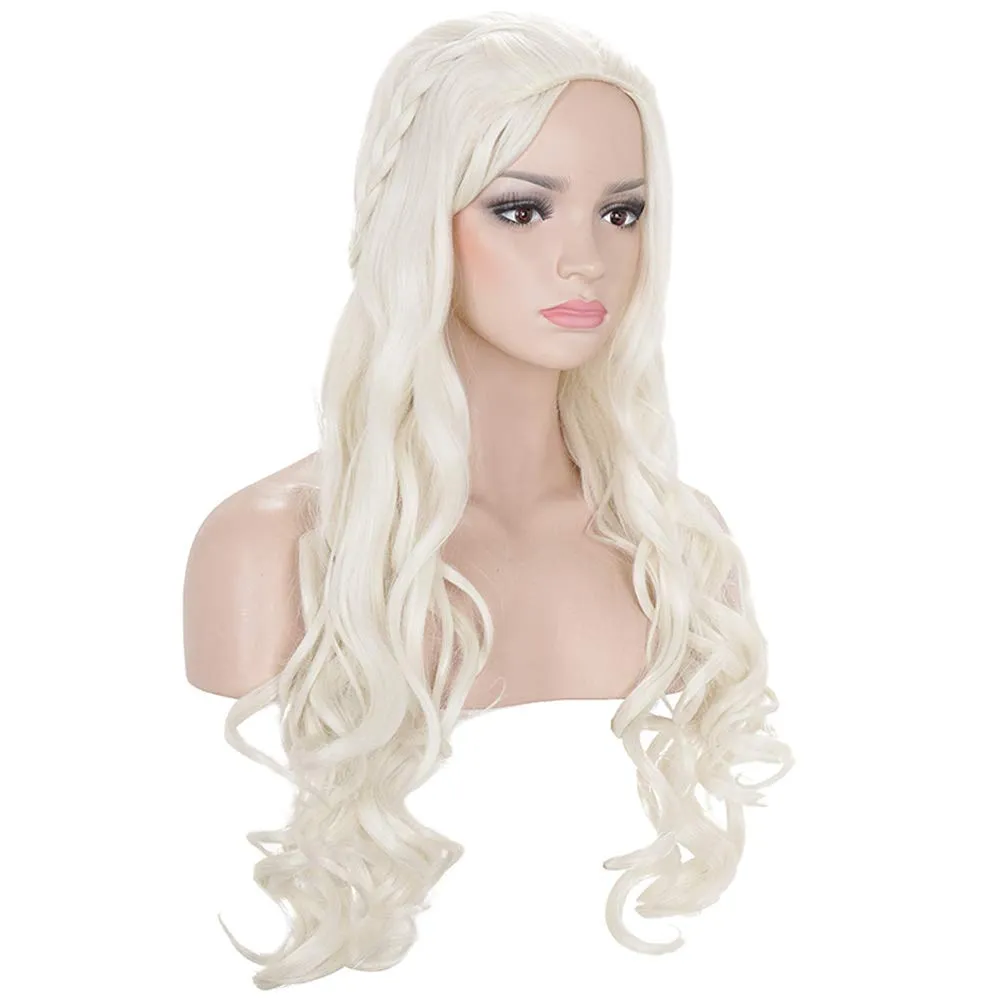 morvally Daenerys Dragon Queen Cosplay Wig for Khaleesi Long Curly Wavy Braids Hair Wigs for Women Costume Halloween Party(Light Blonde)