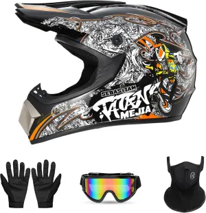 Motorcross Helmet, Off-Road Dirt Bike Helmet, ATV Helmet, Youth Motorcycle Helmet, Unisex Full-face Helmet, Comfortable and Lightweight, FMVSS-218 Safety Certified,4 Piece Set