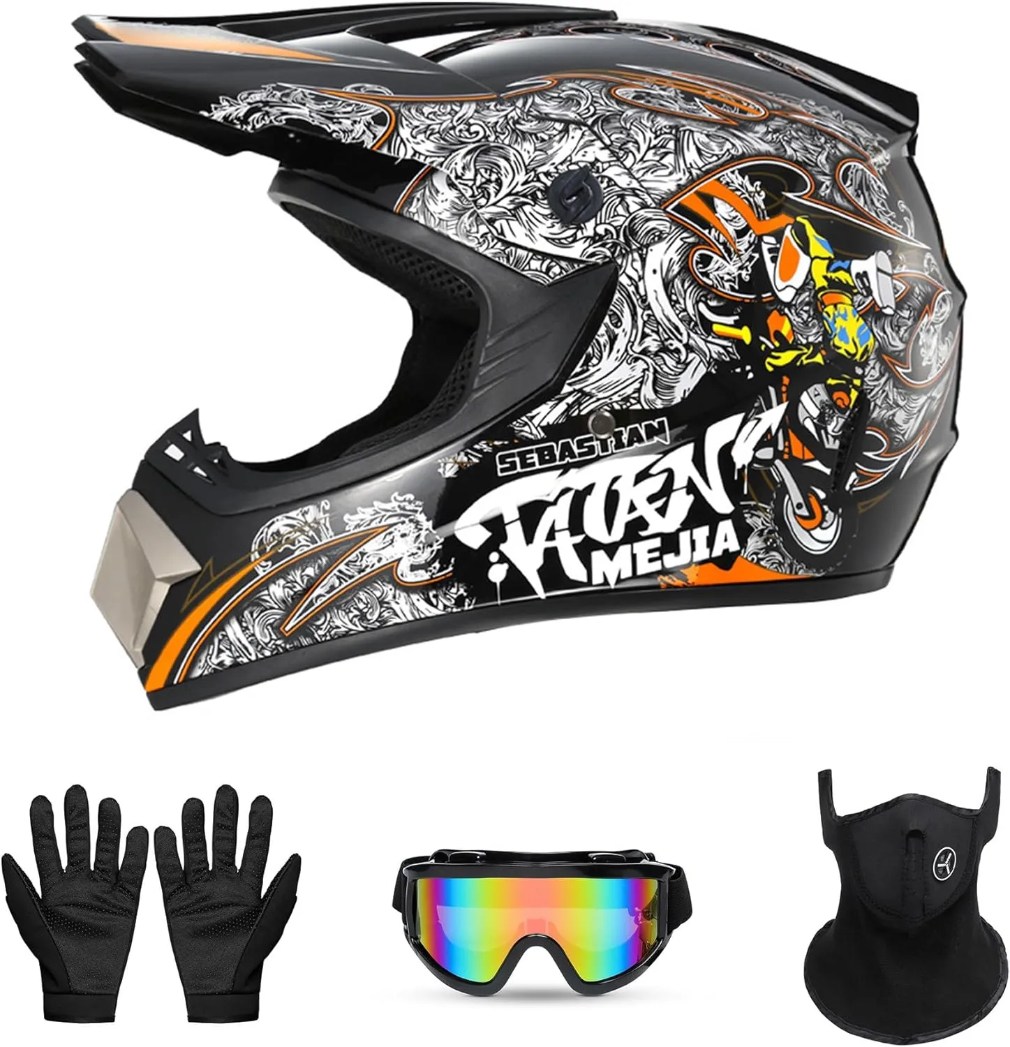 Motorcross Helmet, Off-Road Dirt Bike Helmet, ATV Helmet, Youth Motorcycle Helmet, Unisex Full-face Helmet, Comfortable and Lightweight, FMVSS-218 Safety Certified,4 Piece Set
