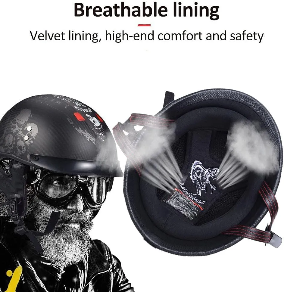 Motorcycle German Leather Half Face Helmet,100% DOT /ECE Approved Cap Half Shell Helmet Goggles Retro Open-Face Helmet with Adjustable Quick Release Buckle for Cruiser