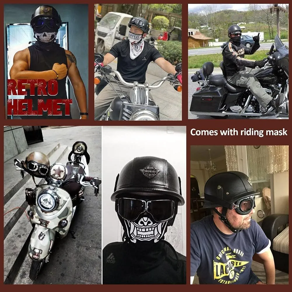 Motorcycle German Leather Half Face Helmet,100% DOT /ECE Approved Cap Half Shell Helmet Goggles Retro Open-Face Helmet with Adjustable Quick Release Buckle for Cruiser