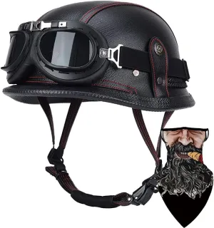 Motorcycle German Leather Half Face Helmet,100% DOT /ECE Approved Cap Half Shell Helmet Goggles Retro Open-Face Helmet with Adjustable Quick Release Buckle for Cruiser