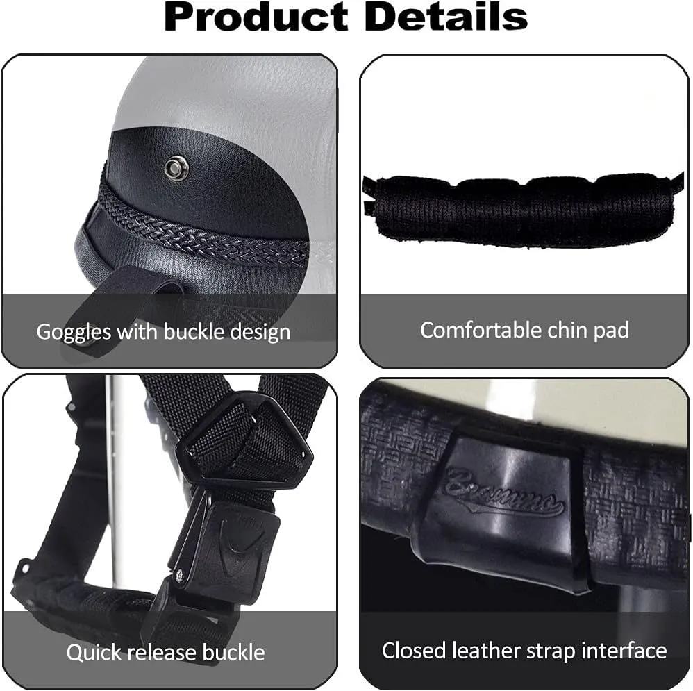 Motorcycle German Leather Half Face Helmet,100% DOT /ECE Approved Cap Half Shell Helmet Goggles Retro Open-Face Helmet with Adjustable Quick Release Buckle for Cruiser