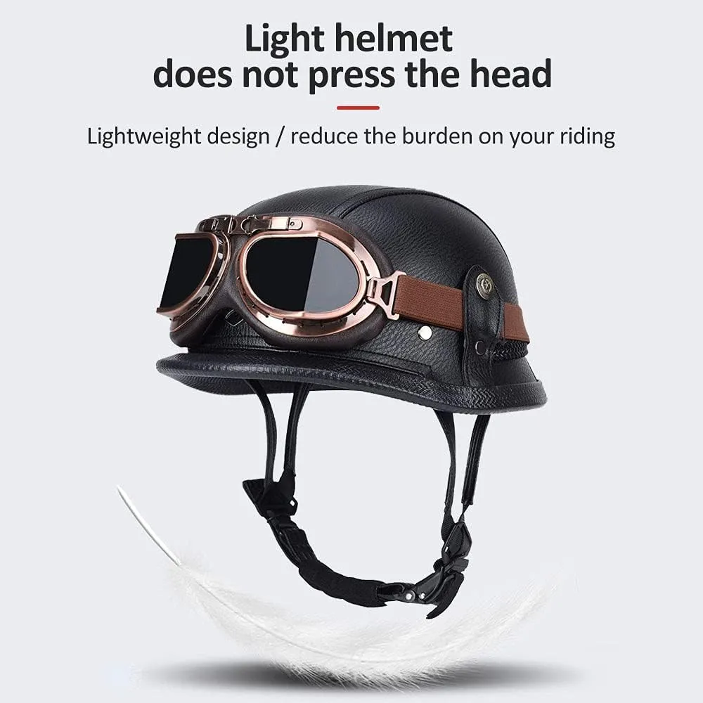 Motorcycle German Leather Half Face Helmet,100% DOT /ECE Approved Cap Half Shell Helmet Goggles Retro Open-Face Helmet with Adjustable Quick Release Buckle for Cruiser