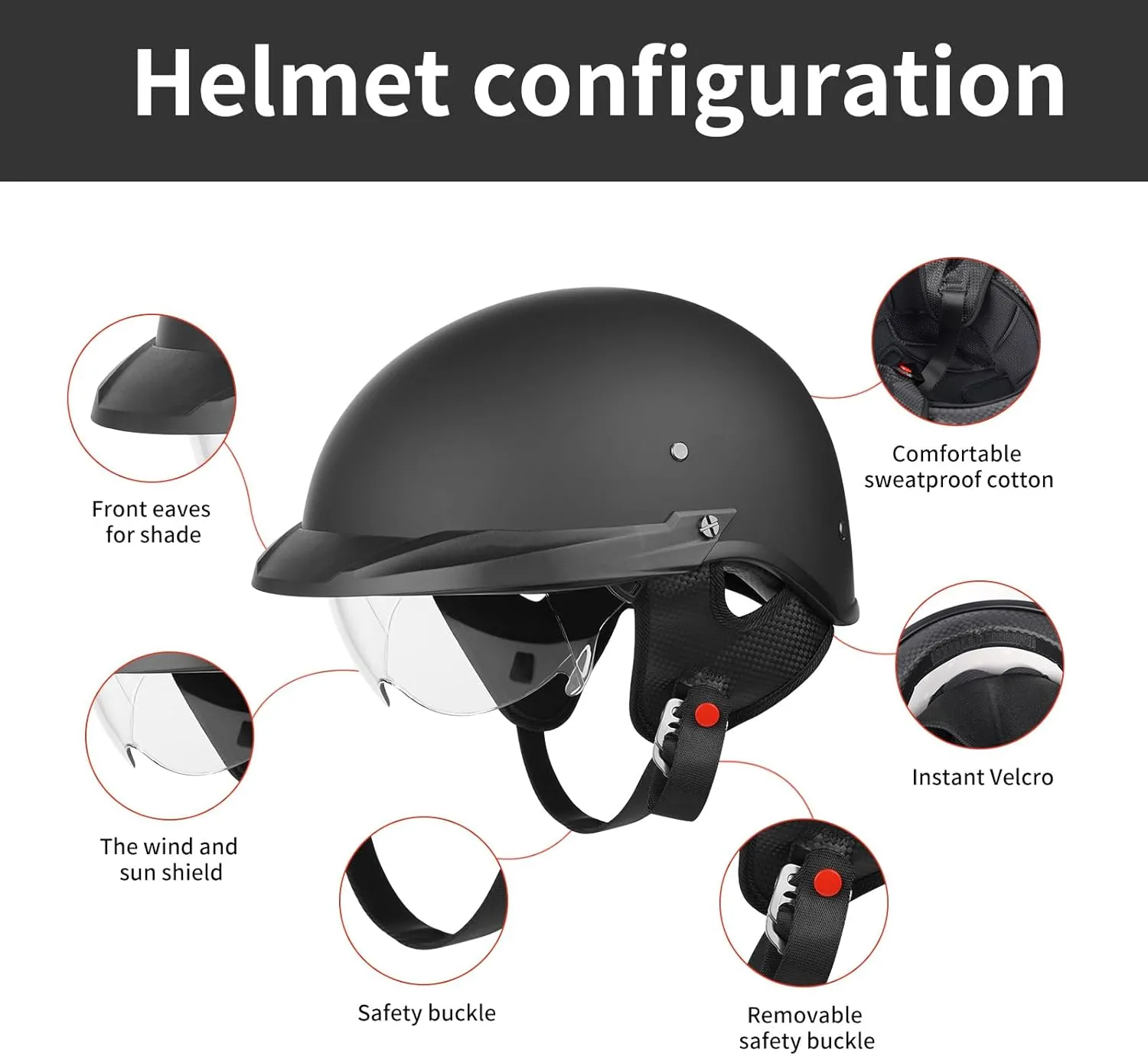 Motorcycle Half Face Helmet DOT Approved Adult Men Women Retro Open Face Helmet with Drop-Down Sunshield ANG Double D Buckle for Bicycle Cruiser Scooter