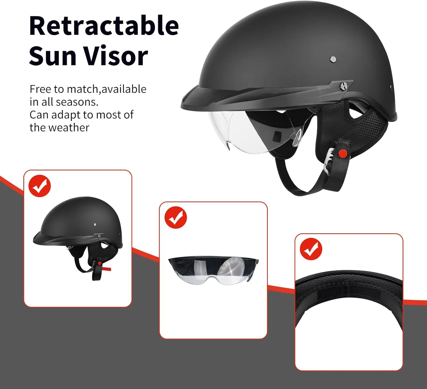 Motorcycle Half Face Helmet DOT Approved Adult Men Women Retro Open Face Helmet with Drop-Down Sunshield ANG Double D Buckle for Bicycle Cruiser Scooter