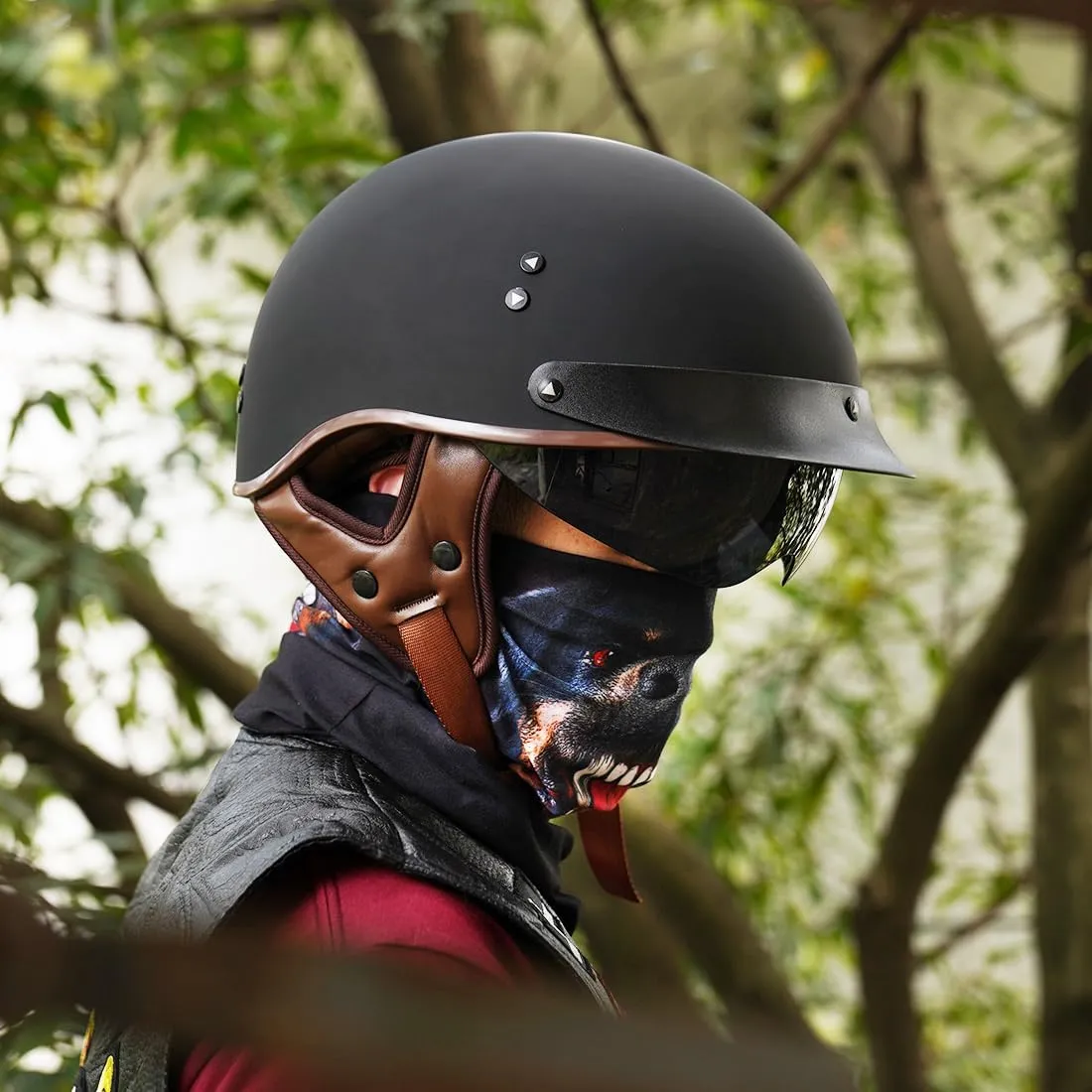 Motorcycle Half Face Helmet Sun Visor Quick Release Buckle DOT Approved for Men Women (Matte Black, M)