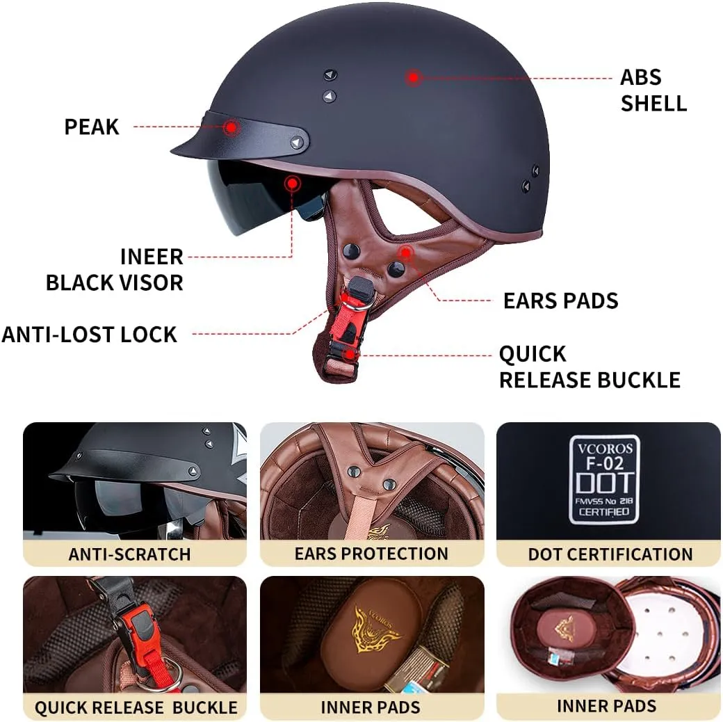 Motorcycle Half Face Helmet Sun Visor Quick Release Buckle DOT Approved for Men Women (Matte Black, M)